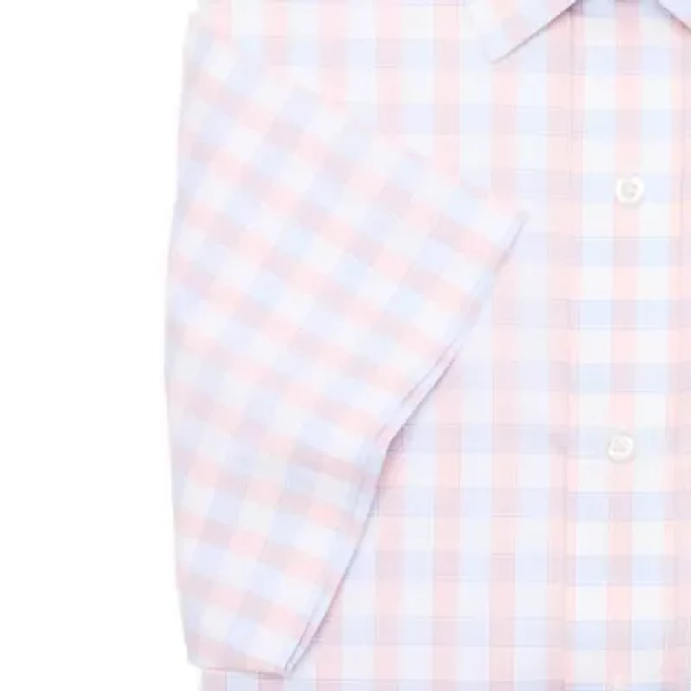 Stafford Magna Ready® Mens Easy-on + Easy-off Sensory Friendly Adaptive Moisture Wicking Regular Fit Short Sleeve Checked Button-Down Shirt