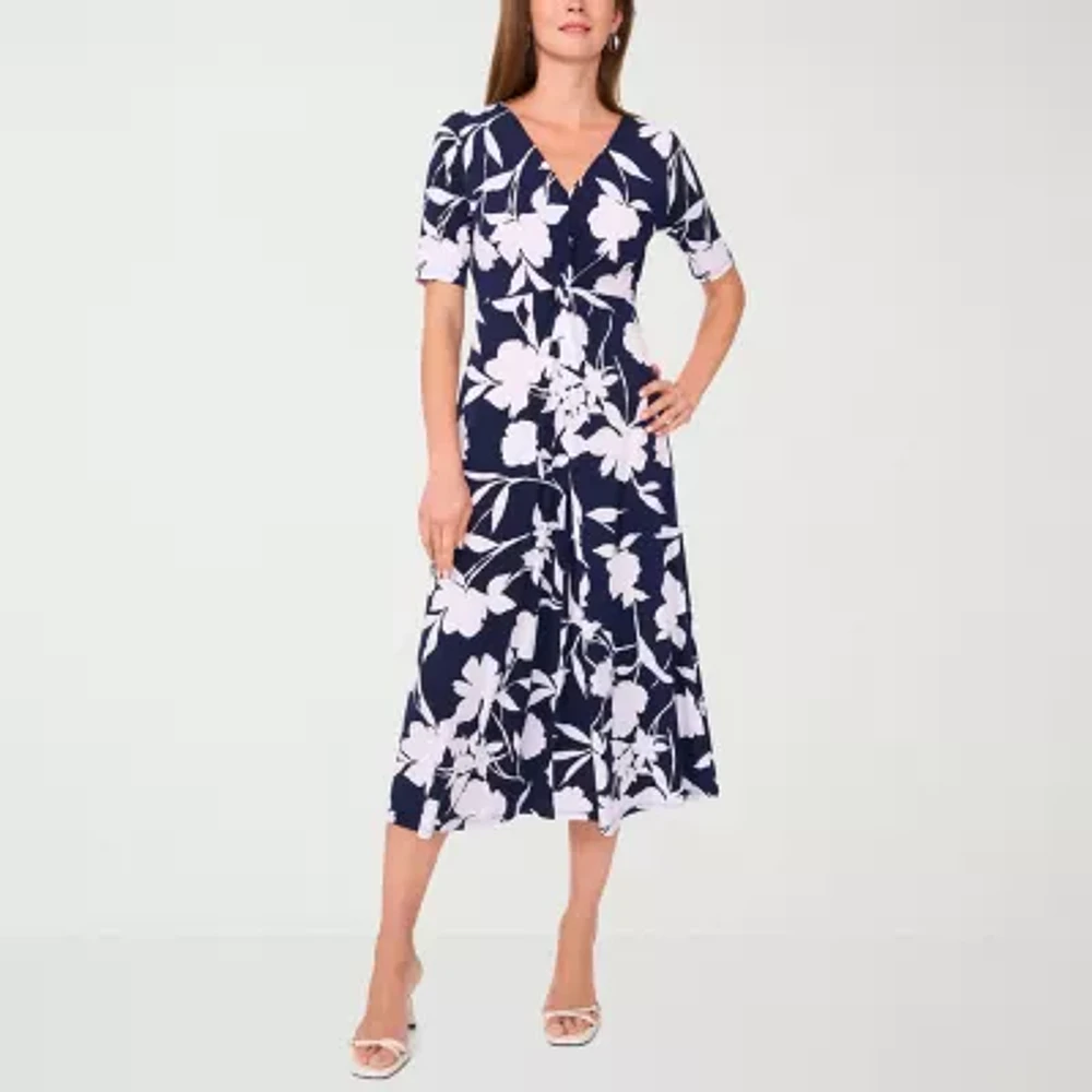 MSK Womens Short Sleeve Floral Midi Fit + Flare Dress
