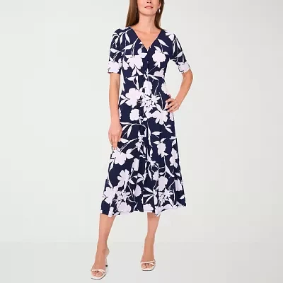 MSK Womens Short Sleeve Floral Midi Fit + Flare Dress