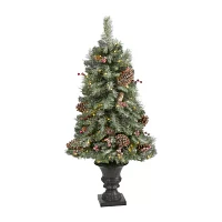 Nearly Natural Frosted 4 Foot Pre-Lit Flocked Potted Pine Christmas Tree