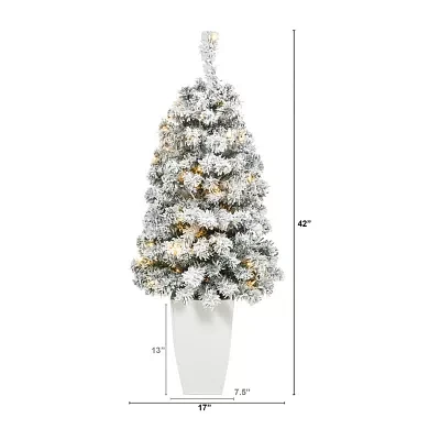 Nearly Natural 3 1/2 Foot Pre-Lit Flocked Potted Spruce Christmas Tree