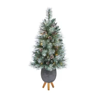 Nearly Natural Frosted Tip 3 1/2 Foot Pre-Lit Flocked Potted Pine Christmas Tree