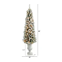 Nearly Natural Flocked Pencil 5 1/2 Foot Pre-Lit Flocked Potted Pine Christmas Tree