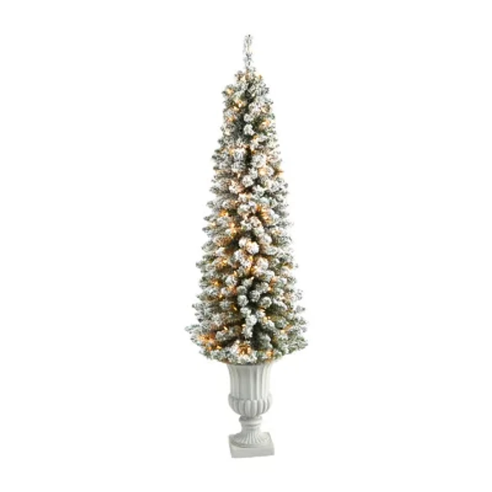 Nearly Natural Flocked Pencil 5 1/2 Foot Pre-Lit Flocked Potted Pine Christmas Tree