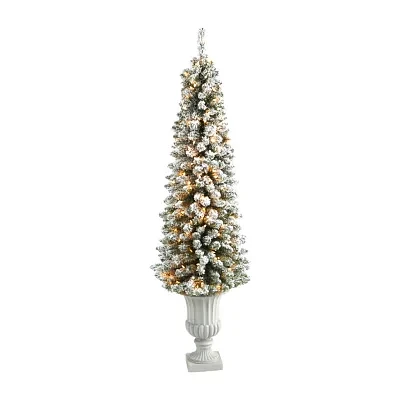 Nearly Natural Flocked Pencil 5 1/2 Foot Pre-Lit Flocked Potted Pine Christmas Tree