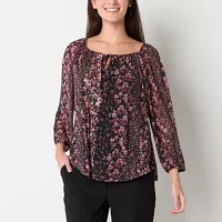 by&by Juniors Womens Split Tie Neck 3/4 Sleeve Blouse