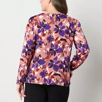 Liz Claiborne Womens Round Neck Long Sleeve Satin Blouse