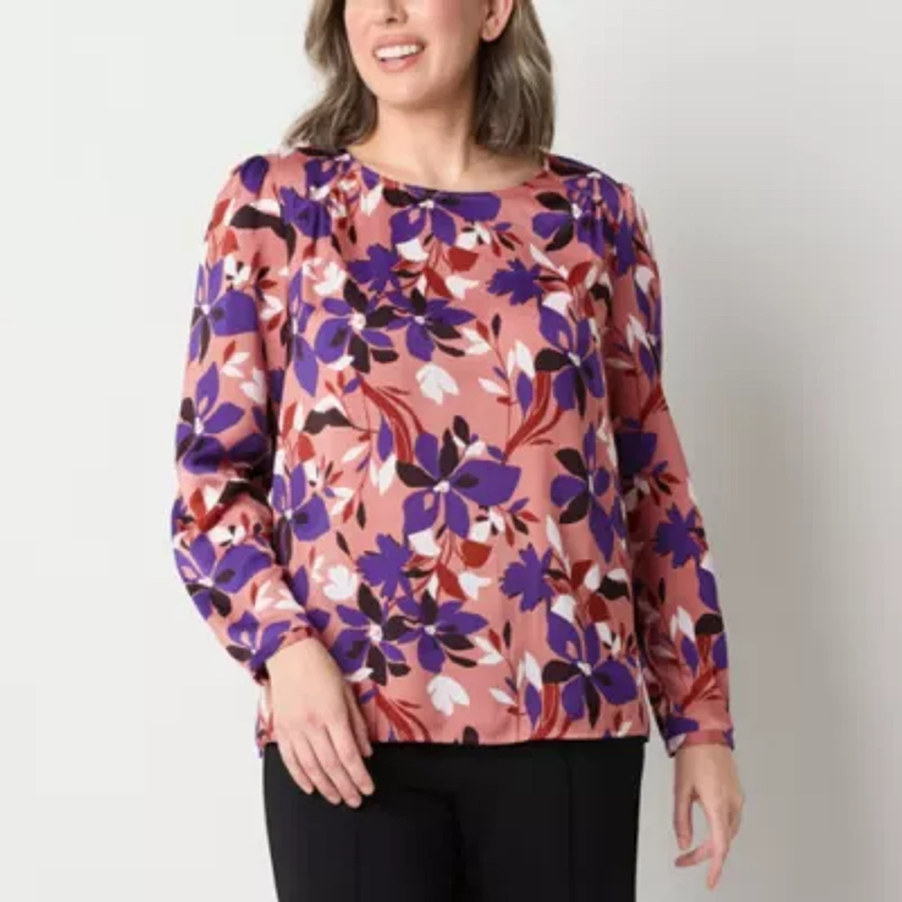 Liz Claiborne Womens Round Neck Long Sleeve Satin Blouse