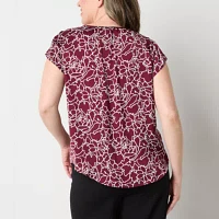Liz Claiborne Womens Round Neck Short Sleeve Satin Blouse