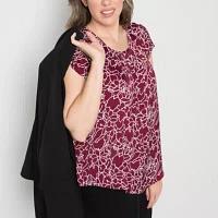 Liz Claiborne Womens Round Neck Short Sleeve Satin Blouse