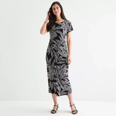 Robbie Bee Womens Short Sleeve Leaf Midi Sheath Dress