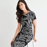 Robbie Bee Womens Short Sleeve Leaf Midi Sheath Dress