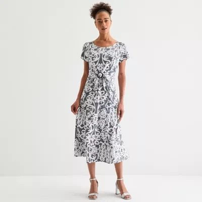 Perceptions Womens Short Sleeve Scroll Midi Fit + Flare Dress