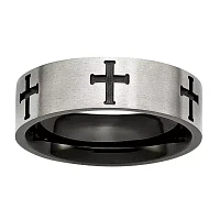 Mens 7mm Stainless Steel & Black IP-Plated Cross Wedding Band