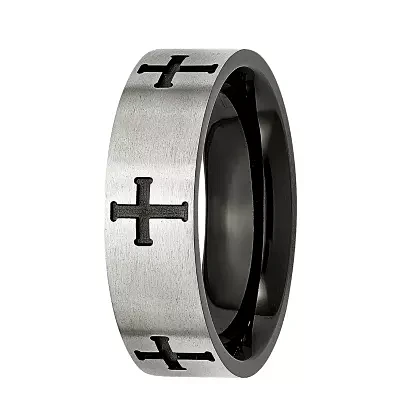 Mens 7mm Stainless Steel & Black IP-Plated Cross Wedding Band