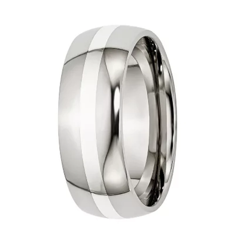 Mens 8mm Stainless Steel & Sterling Silver Inlay Wedding Band