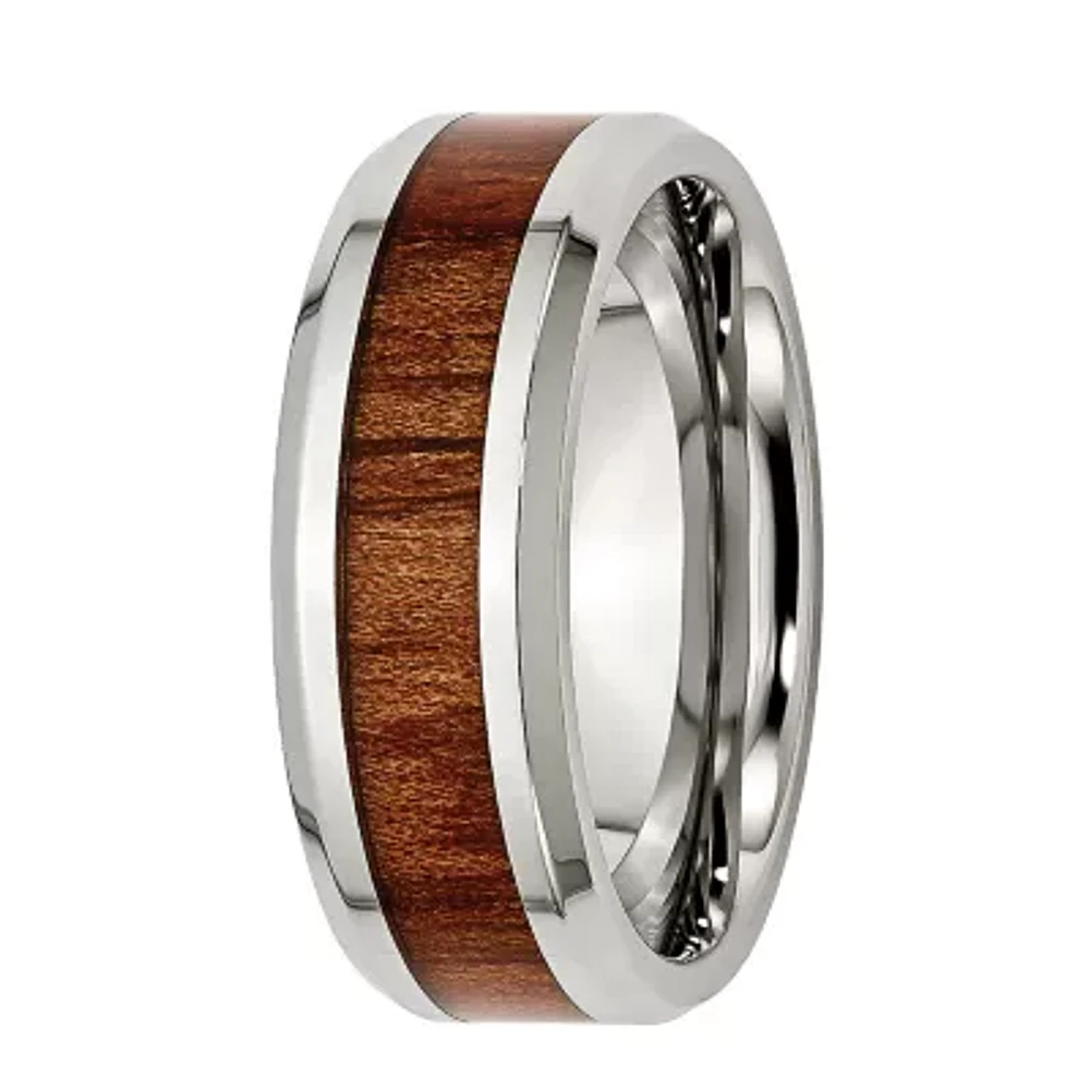 Mens 8mm Stainless Steel Wood Inlay Wedding Band