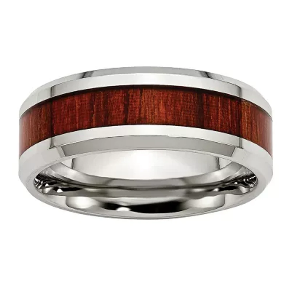 Mens 8mm Stainless Steel Wood Inlay Enameled Wedding Band