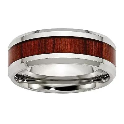 Mens 8mm Stainless Steel Wood Inlay Enameled Wedding Band