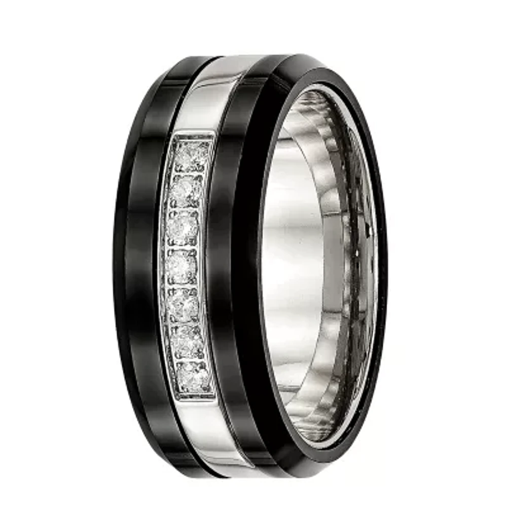 Mens Cubic Zirconia Stainless Steel & Black Ceramic Wedding Band