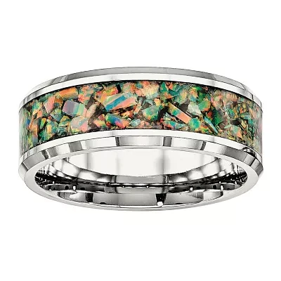 Mens Simulated Opal Stainless Steel Wedding Band