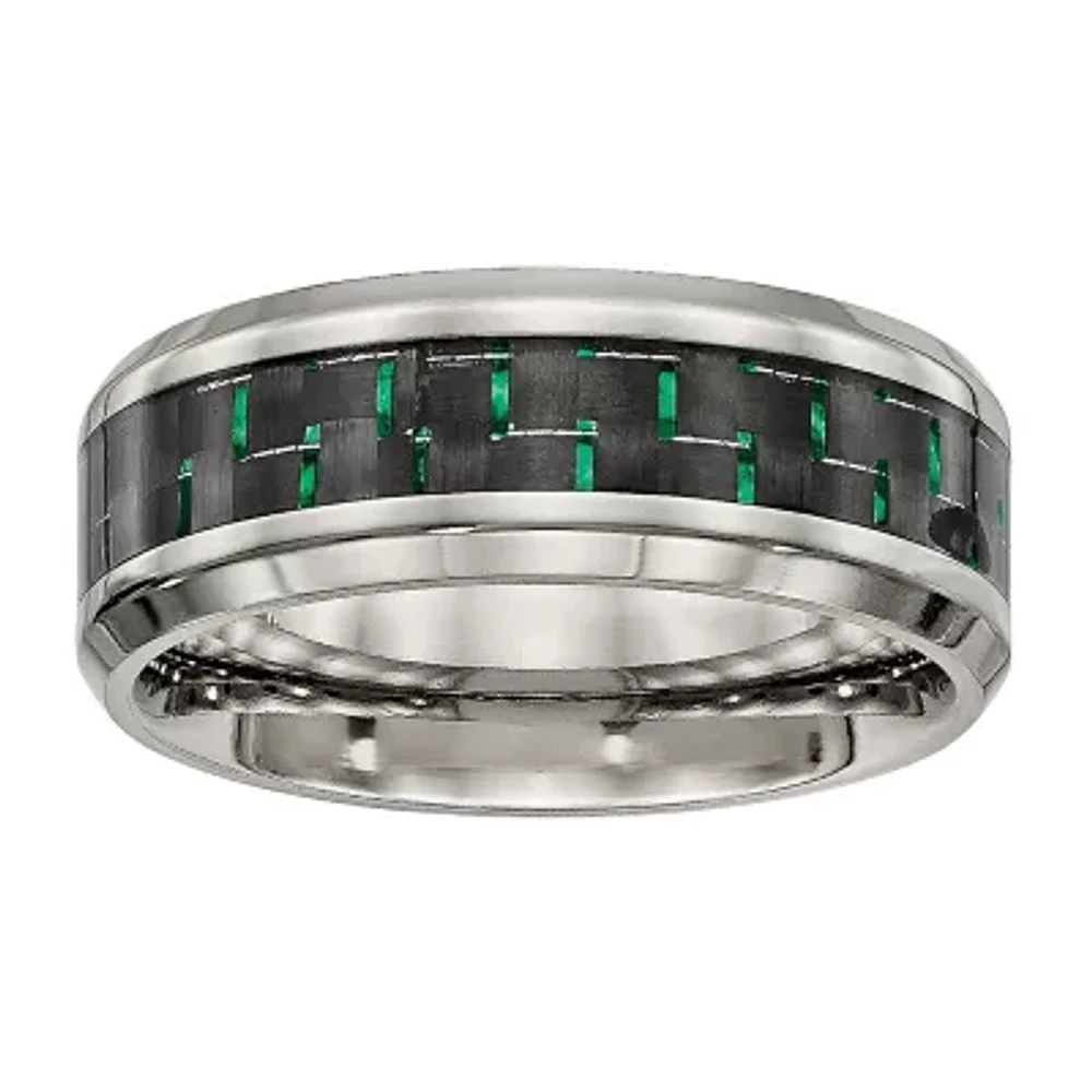 Mens Titanium With Black & Green Carbon Fiber Inlay Wedding Band