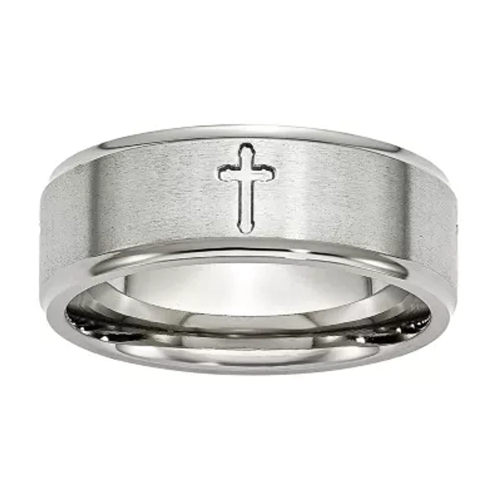 Mens 8mm Stainless Steel Cross Wedding Band