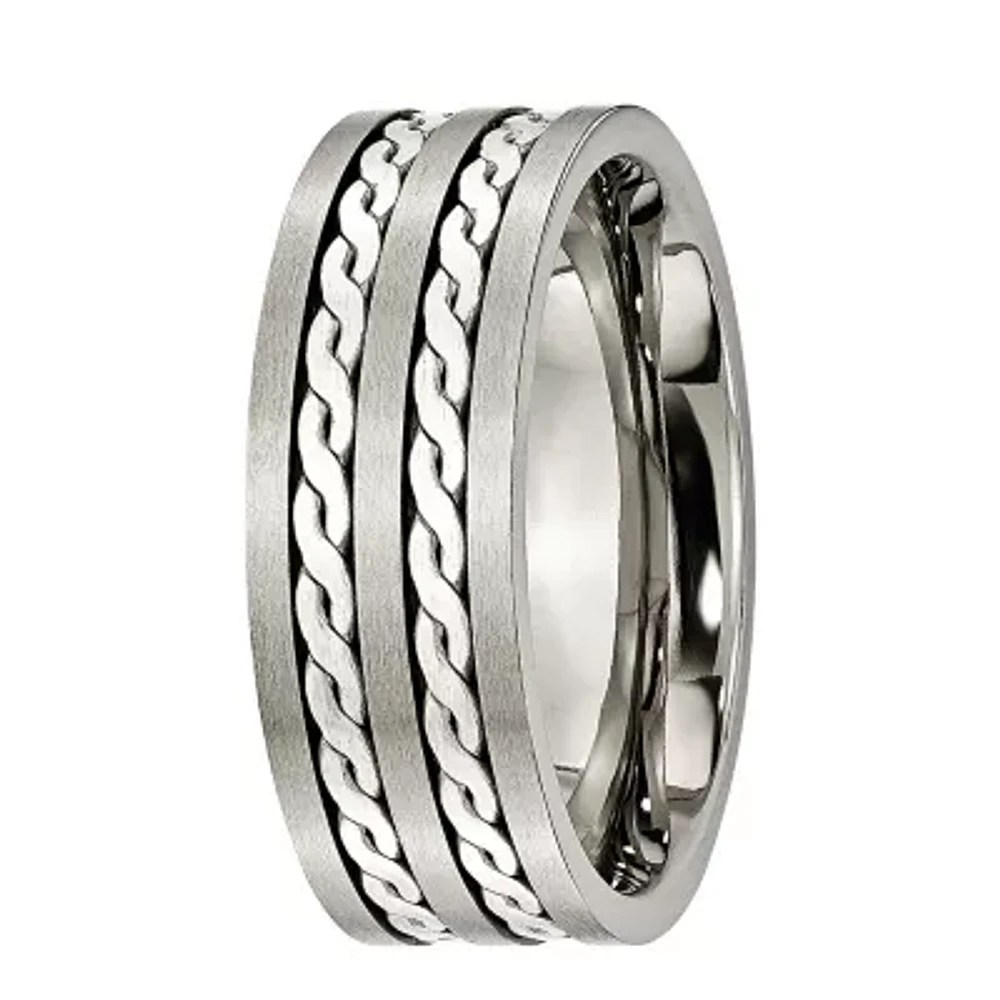 Mens 8mm Titanium & Sterling Silver Braided Inlay Wedding Band