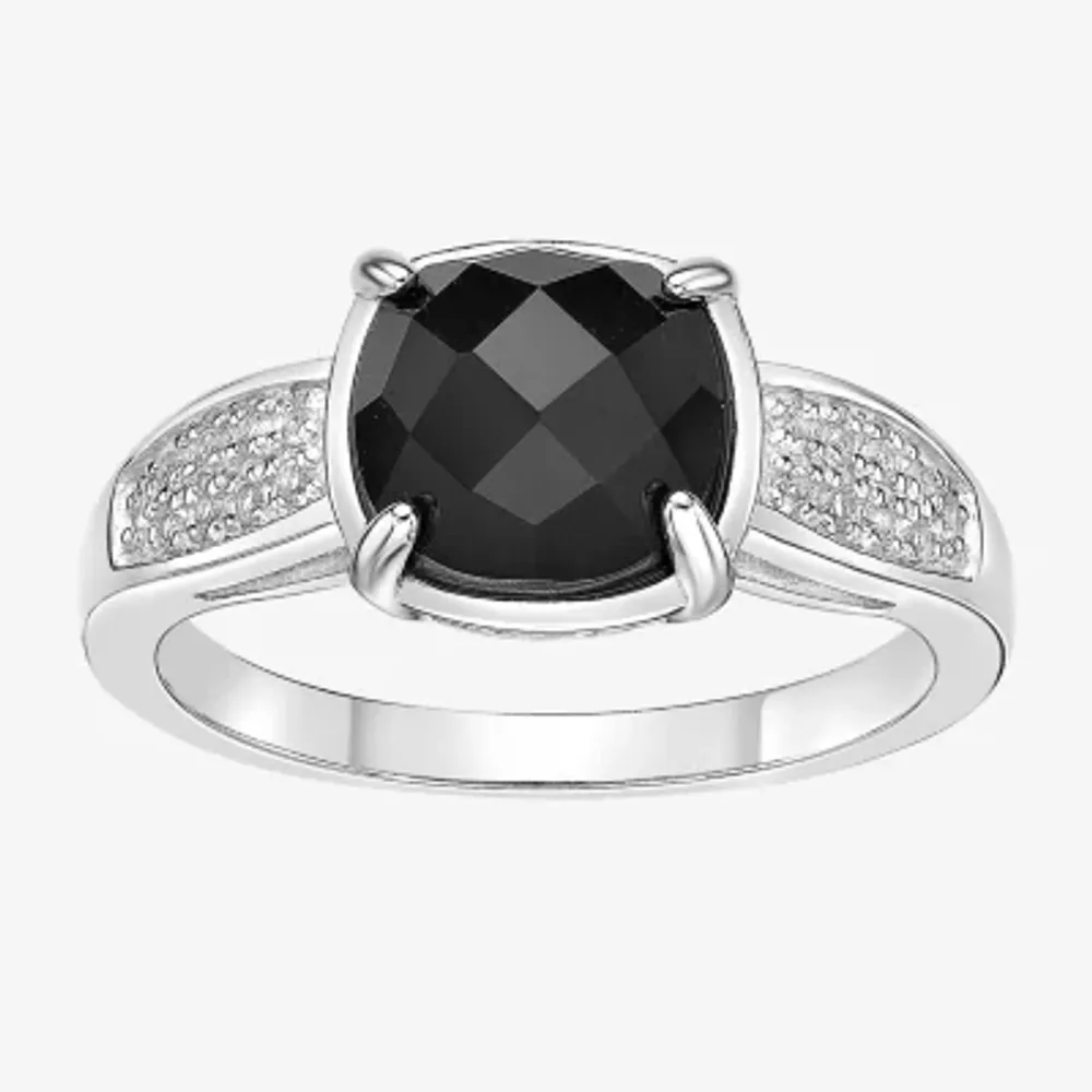 Womens Genuine Black Onyx Sterling Silver Cushion Cocktail Ring