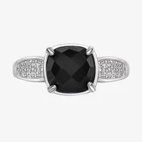 Womens Genuine Black Onyx Sterling Silver Cushion Cocktail Ring