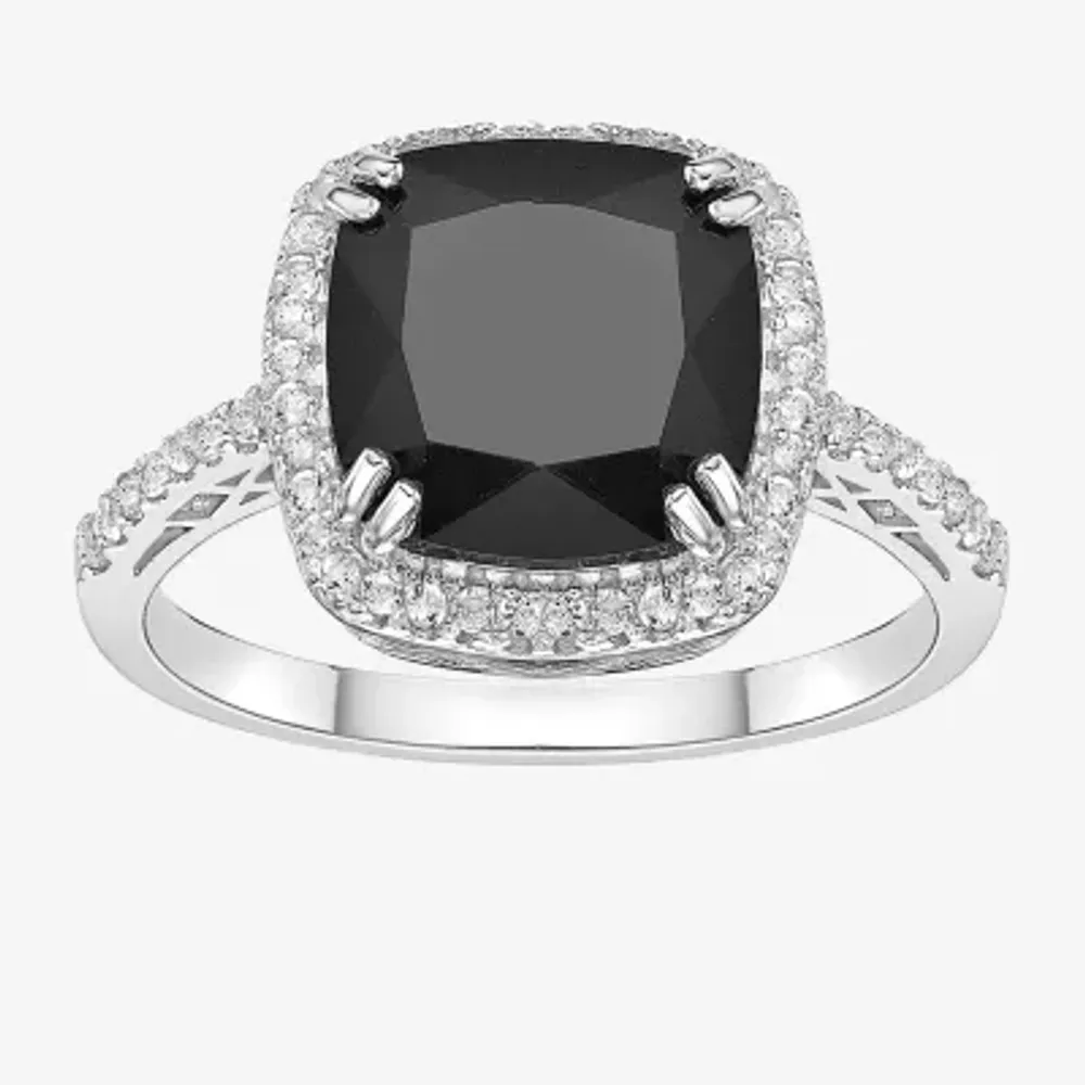 Womens Genuine Black Onyx Sterling Silver Cushion Halo Cocktail Ring