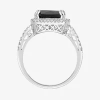 Womens Genuine Black Onyx Sterling Silver Cushion Halo Cocktail Ring