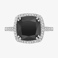 Womens Genuine Black Onyx Sterling Silver Cushion Halo Cocktail Ring