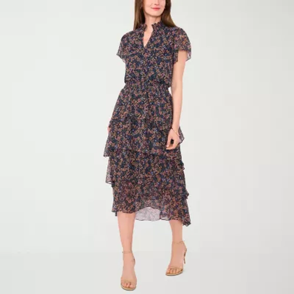 MSK Womens Short Sleeve Floral Midi Fit + Flare Dress