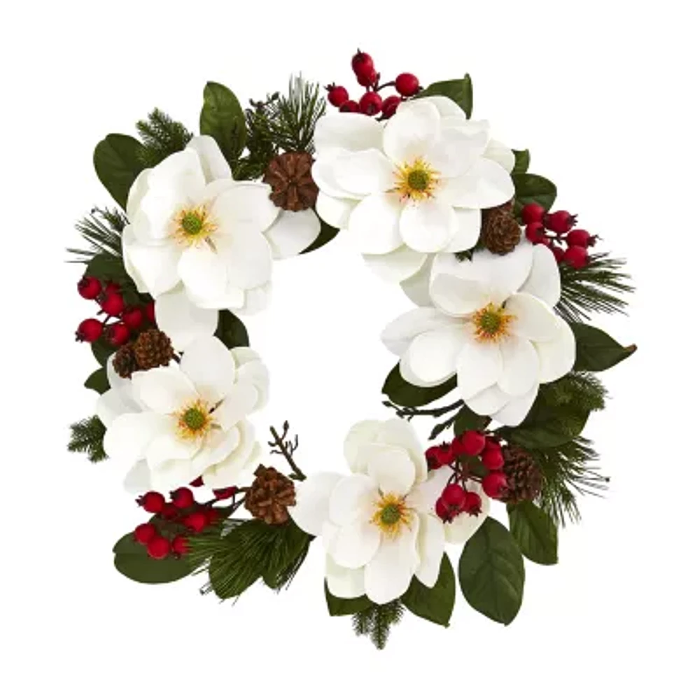 Nearly Natural 26in Magnolia Pine Indoor Christmas Wreath