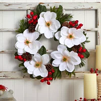 Nearly Natural 26in Magnolia Pine Indoor Christmas Wreath