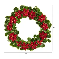 Nearly Natural Poinsettia Holly Indoor Christmas Wreath