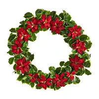 Nearly Natural Poinsettia Holly Indoor Christmas Wreath