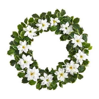 Nearly Natural Poinsettia Holly Indoor Christmas Wreath