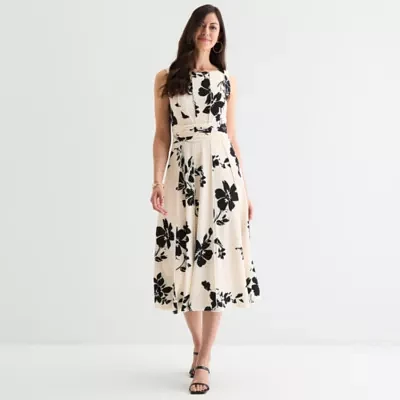 Perceptions Womens Sleeveless Floral Midi Fit + Flare Dress