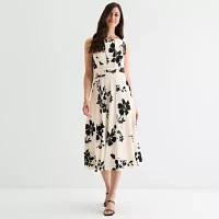 Perceptions Womens Sleeveless Floral Midi Fit + Flare Dress