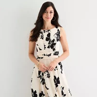 Perceptions Womens Sleeveless Floral Midi Fit + Flare Dress