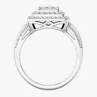 Womens 1 CT. T.W. Lab Grown White Diamond Sterling Silver Cushion Halo Side Stone Cocktail Ring