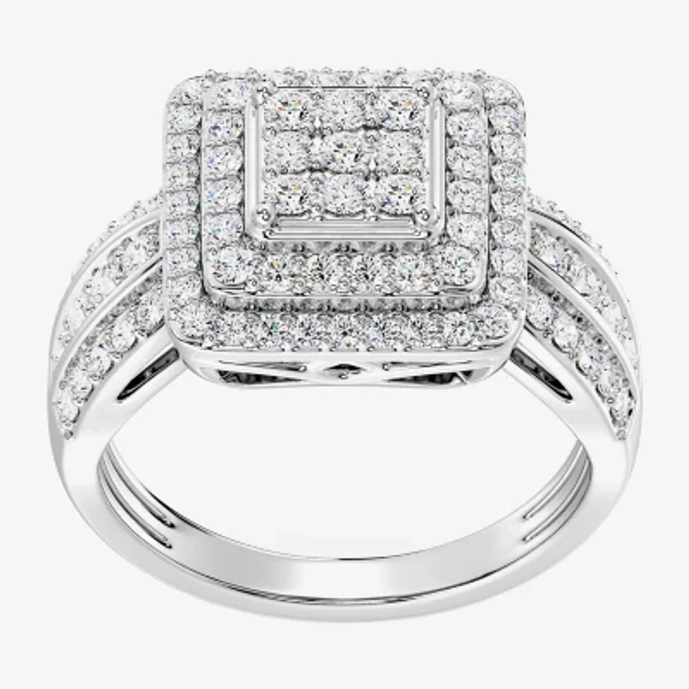 Womens 1 CT. T.W. Lab Grown White Diamond Sterling Silver Cushion Halo Side Stone Cocktail Ring