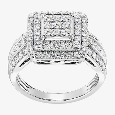 Womens 1 CT. T.W. Lab Grown White Diamond Sterling Silver Cushion Halo Side Stone Cocktail Ring