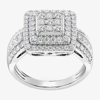 Womens 1 CT. T.W. Lab Grown White Diamond Sterling Silver Cushion Halo Side Stone Cocktail Ring