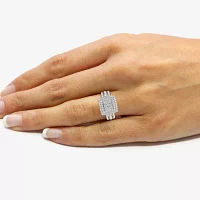 Womens 1 CT. T.W. Lab Grown White Diamond Sterling Silver Cushion Halo Side Stone Cocktail Ring
