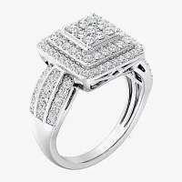 Womens 1 CT. T.W. Lab Grown White Diamond Sterling Silver Cushion Halo Side Stone Cocktail Ring