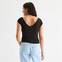 Arizona Juniors Womens V Neck Short Sleeve Blouse