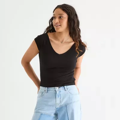 Arizona Juniors Womens V Neck Short Sleeve Blouse